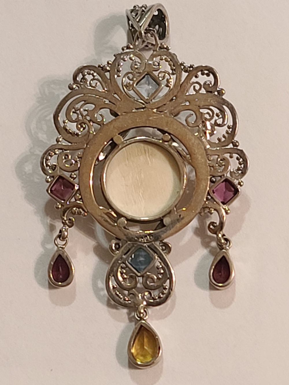 Beautiful Ornate Indonesian Carved Moon Face Multi Gem Pendant 925 Stamped Siver - Picture 8 of 14